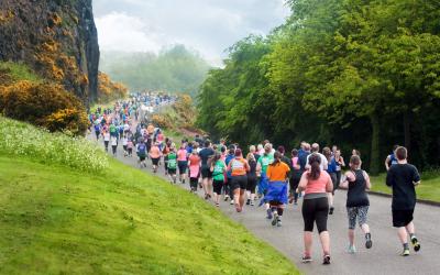 Marathon runners running through the countryside